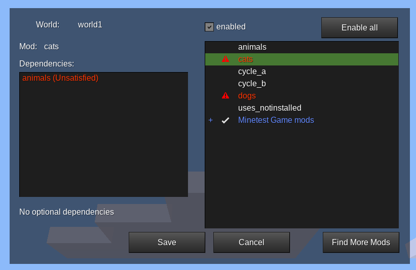 Dependency errors in the Select Mods dialog