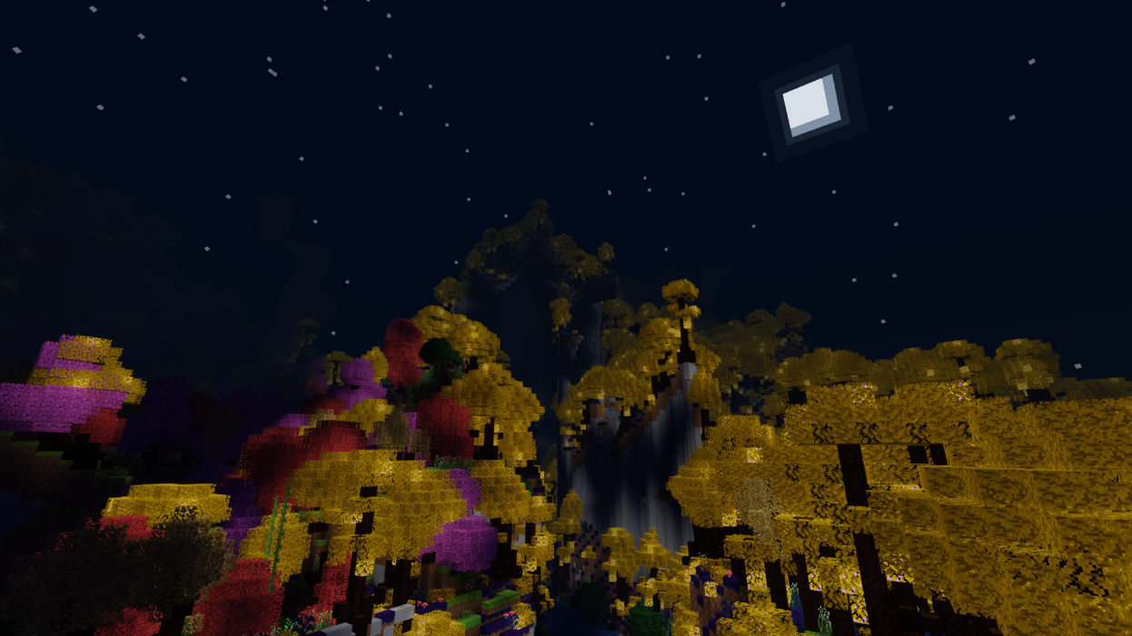 An ominous shot of a glowing forest mountain at night. Featuring Nightshade and Japanese Forest biomes from Atlante's excellent Biomes mod as part of the biome modpack Heather has been working on that aims to blend the best of the major biome/foliage mods into a cohesive landscape of wonders. - shot and caption by Heather